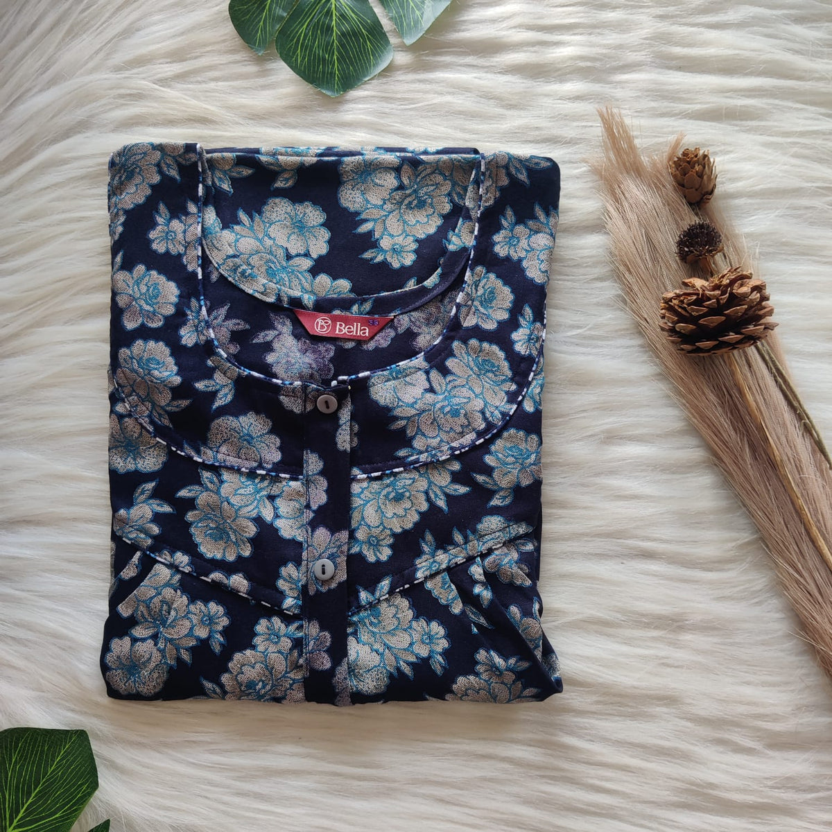 Navy Blue Floral Printed Alfine Long Zip Feeding Nighty | Free Size | Chest Width 44″| Length 56″