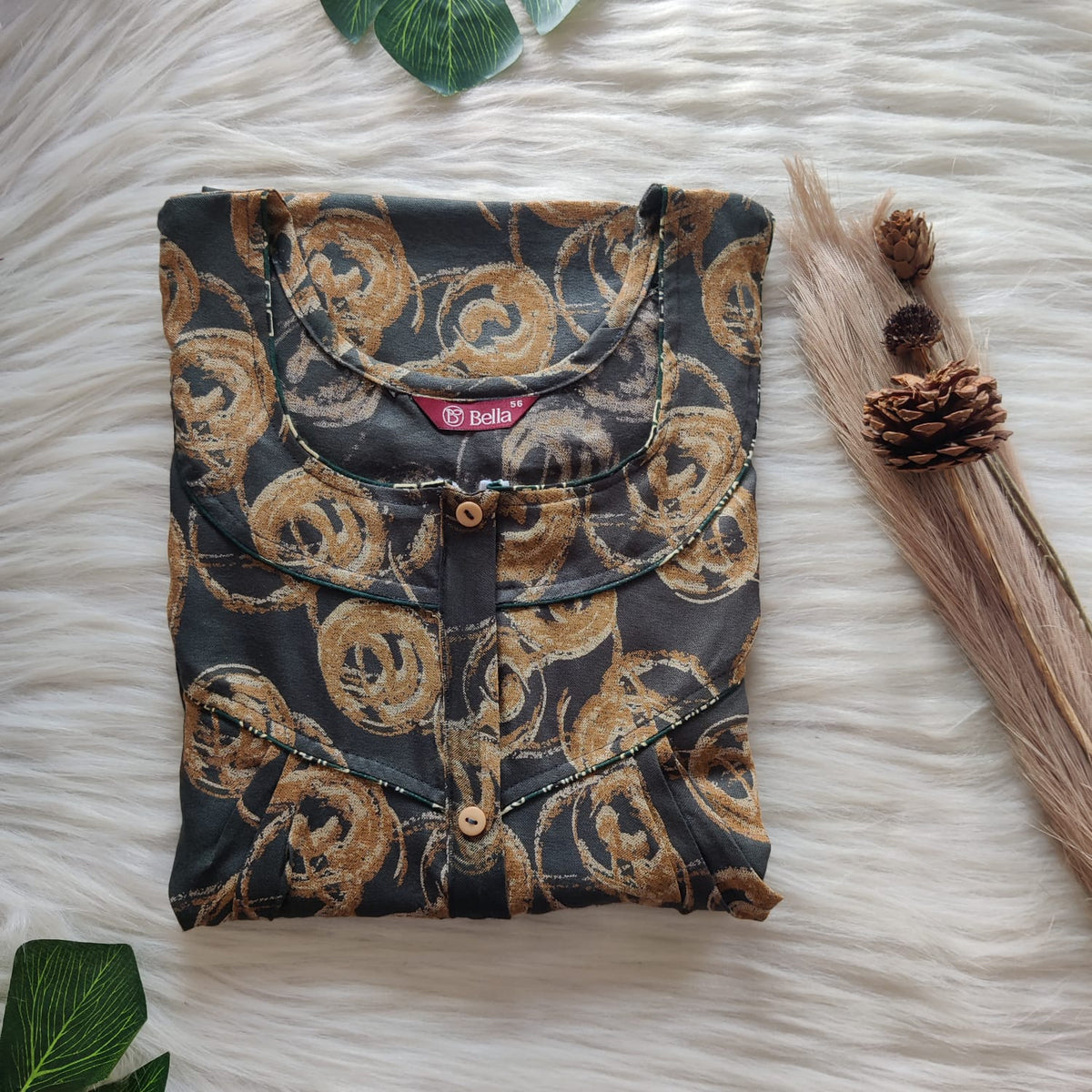 Brown Printed Olive Green Alfine Long Zip Feeding Nighty | Free Size | Chest Width 44″| Length 56″
