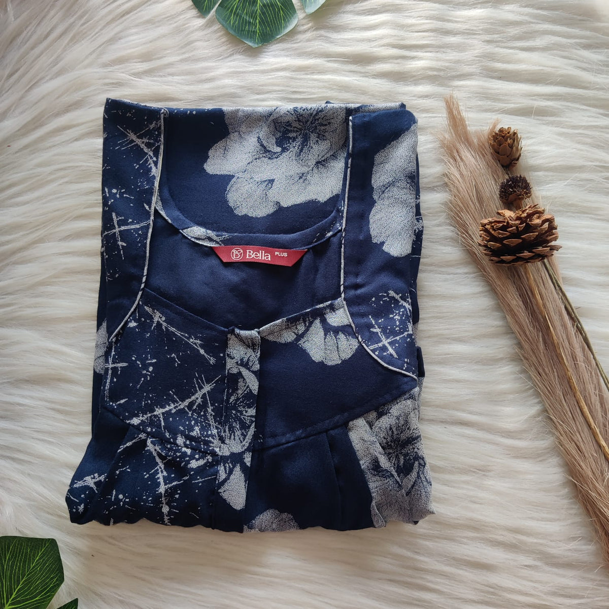 Navy- Blue Printed Alfine Plus Size Pleated Zip Nighty | Chest Width 50″| Length 54″-56″