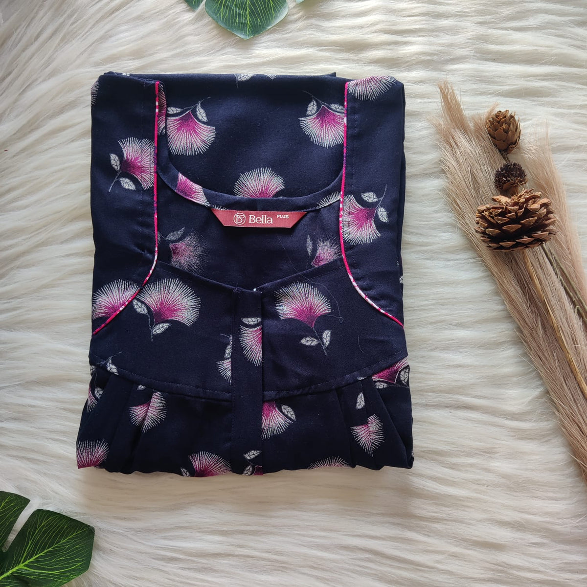 Pink Floral Printed Navy Blue Alfine Plus Size Pleated Zip Nighty | Chest Width 50″| Length 54″-56″