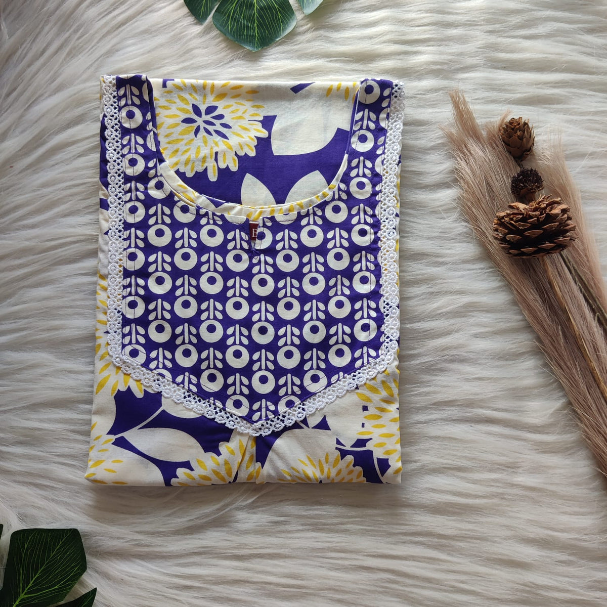 Violet And Yellow Floral Printed Premium Cotton Mix N Match Lace Pocket Nighty | Free Size | Chest Width 44″| Length 56″