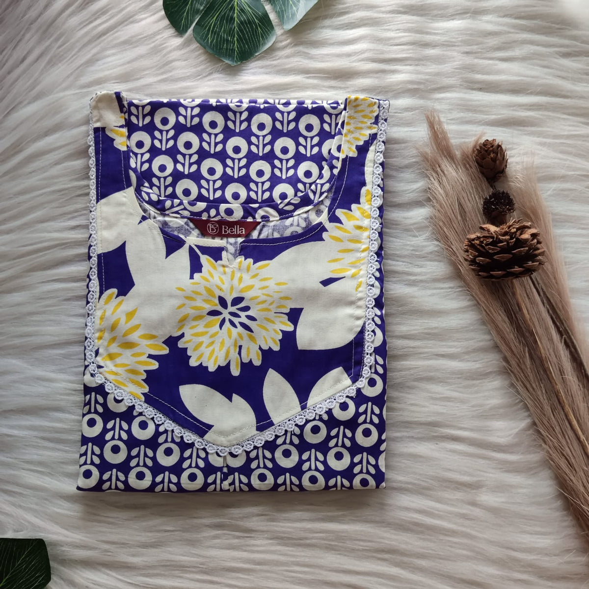 Yellow And White Floral Printed Premium Cotton Mix N Match Lace Pocket Nighty | Free Size | Chest Width 44″| Length 56″