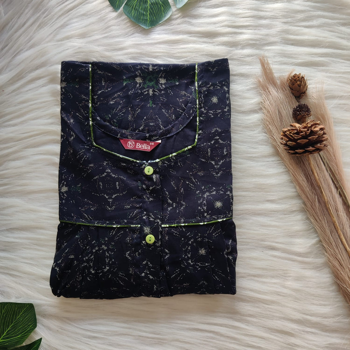 Navy Blue Printed Discharge Cotton Button Zip Nighty | Free Size | Chest Width 44″| Length 55″-56″