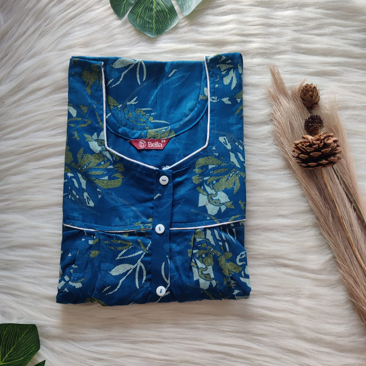 Teal Blue Printed Discharge Cotton Button Zip Nighty | Free Size | Chest Width 44″| Length 55″-56″