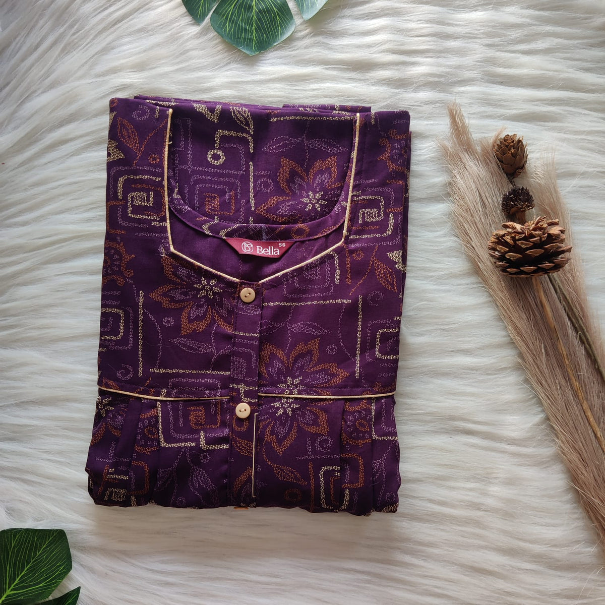 Wine Floral Printed Discharge Cotton Button Zip Nighty | Free Size | Chest Width 44″| Length 55″-56″