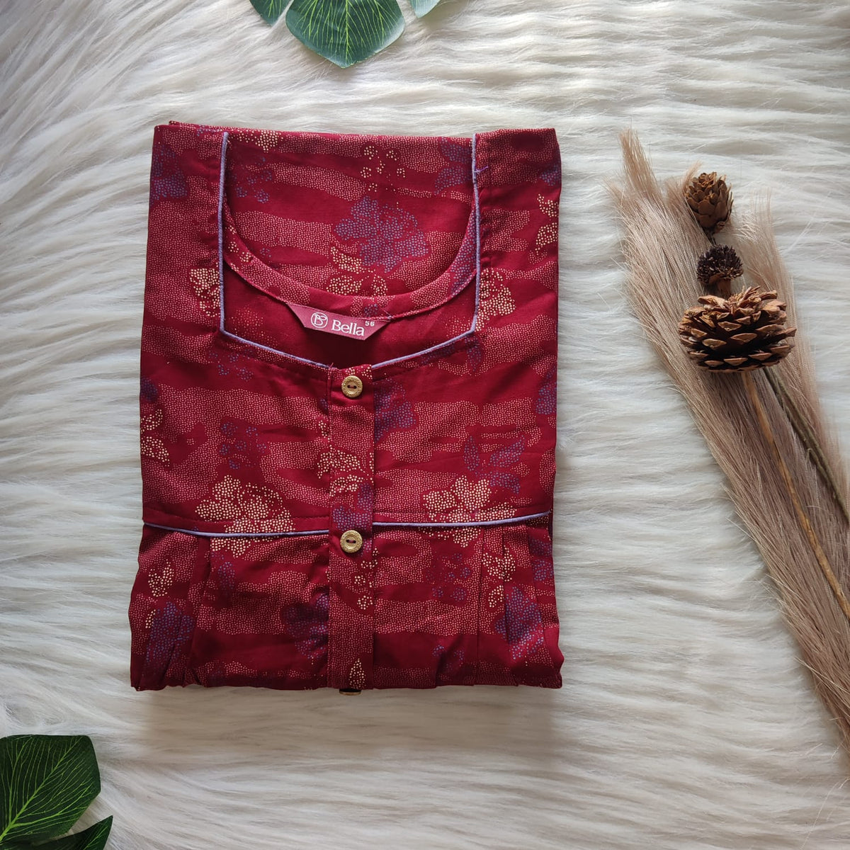 Maroon Printed Discharge Cotton Button Zip Nighty | Free Size | Chest Width 44″| Length 55″-56″