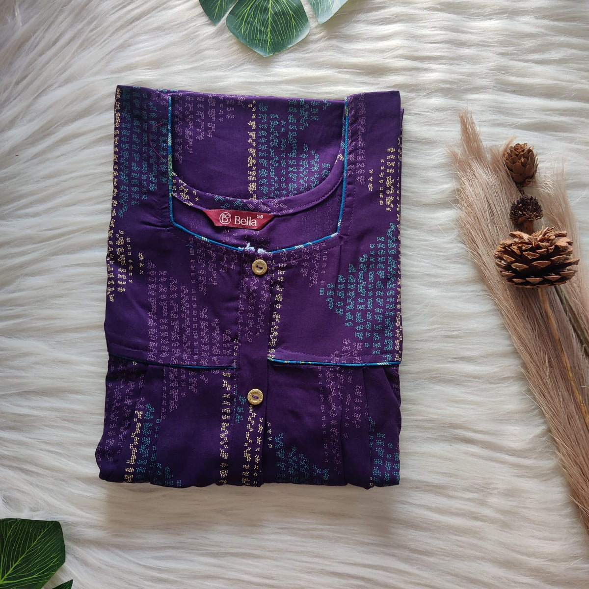 Violet Printed Discharge Cotton Button Zip Nighty | Free Size | Chest Width 44″| Length 55″-56″