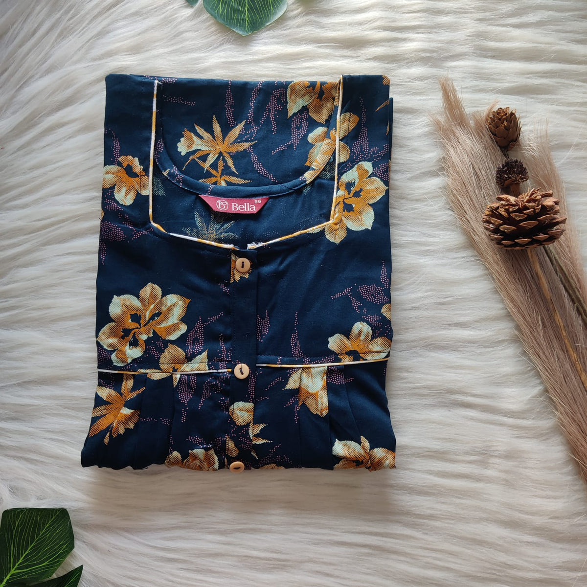 Brown Floral Printed Blue Discharge Cotton Button Zip Nighty | Free Size | Chest Width 44″| Length 55″-56″