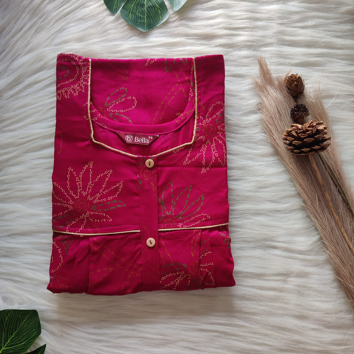 Rani Pink Printed Discharge Cotton Button Zip Nighty | Free Size | Chest Width 44″| Length 55″-56″