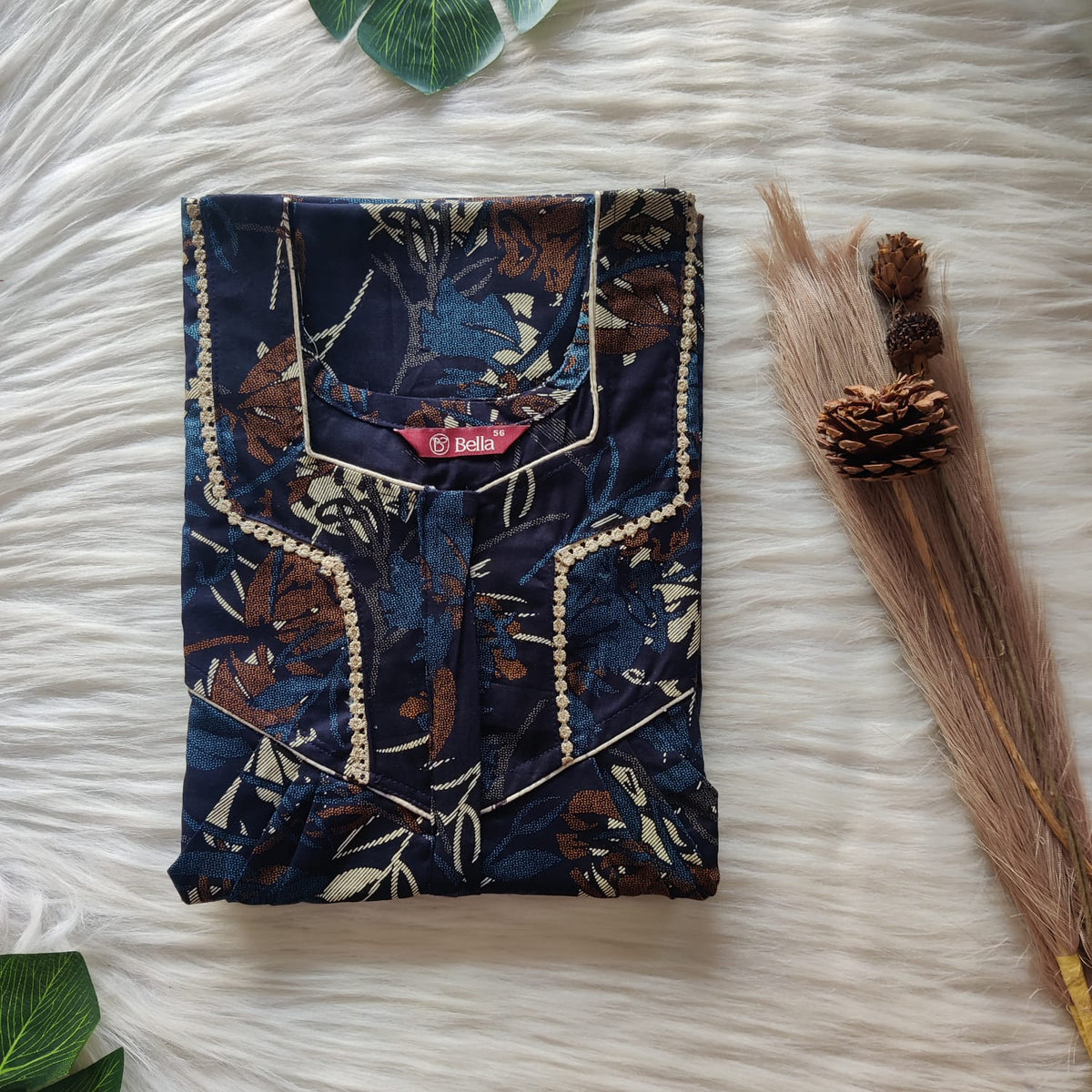 Cream Printed Navy Blue Discharge Cotton Long Zip Lace Feeding Nighty | Free Size | Chest Width 44″| Length 56″