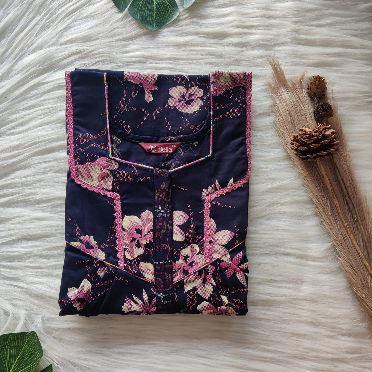 Pink Floral Printed Navy Blue Discharge Cotton Long Zip Lace Feeding Nighty | Free Size | Chest Width 44″| Length 56″