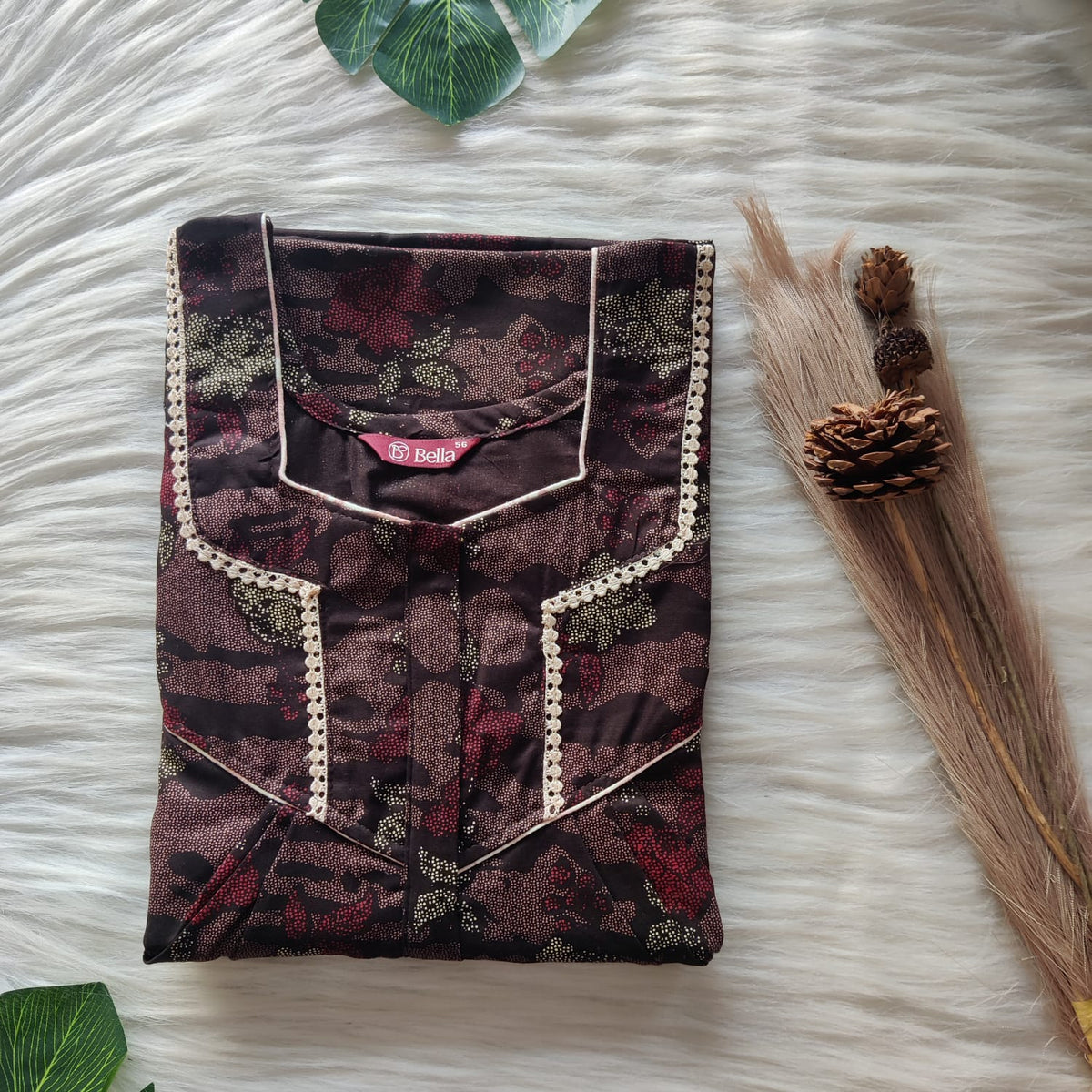 Coffee Brown Printed Discharge Cotton Long Zip Lace Feeding Nighty | Free Size | Chest Width 44″| Length 56″