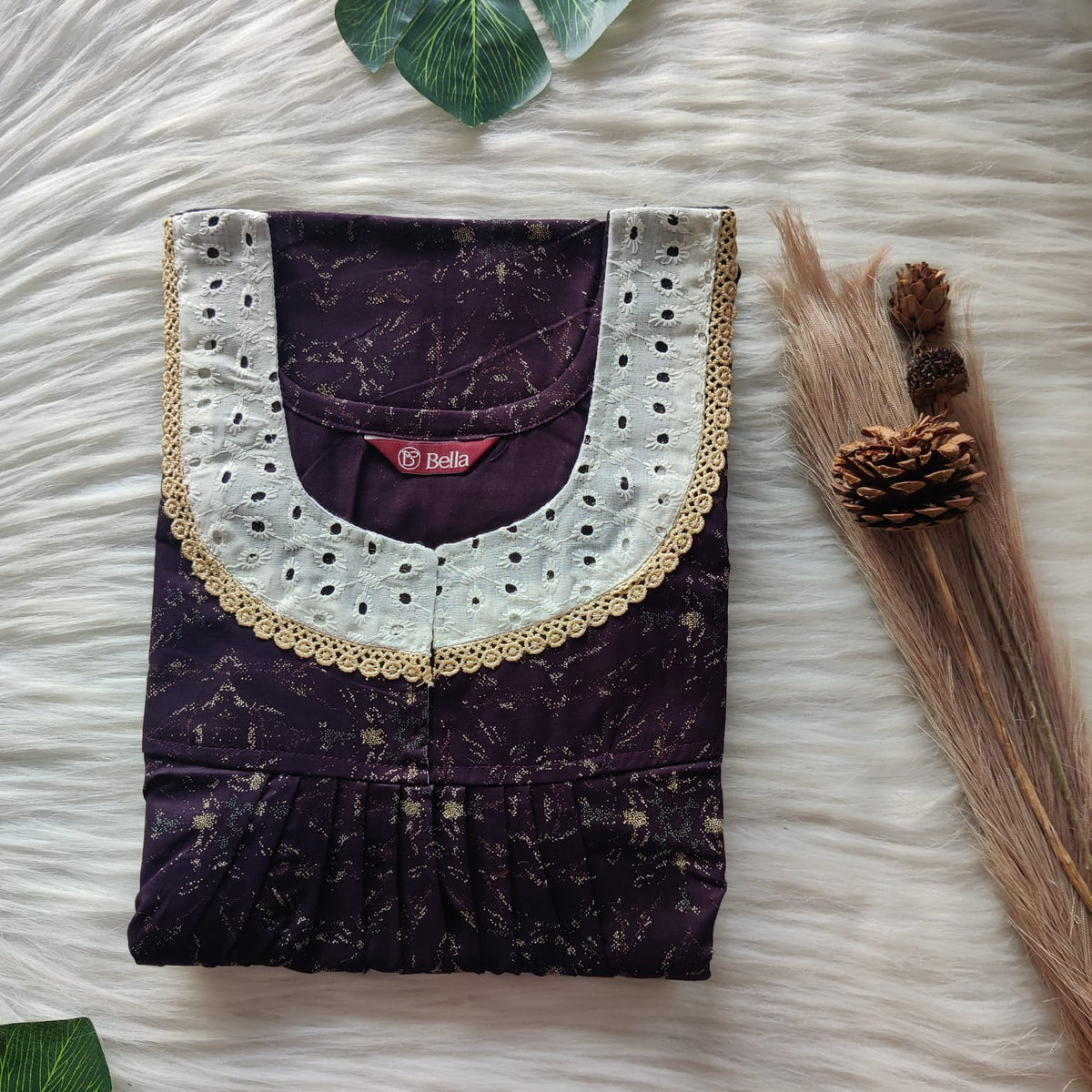 Wine Printed Discharge Cotton Hakoba Lace Nighty | Free Size | Chest Width 44″| Length 54″-56″