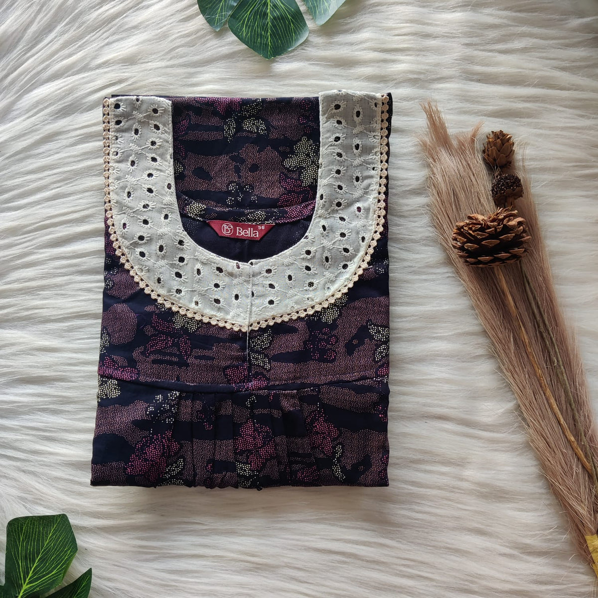 Pink Printed Navy Blue Discharge Cotton Hakoba Lace Nighty | Free Size | Chest Width 44″| Length 54″-56″