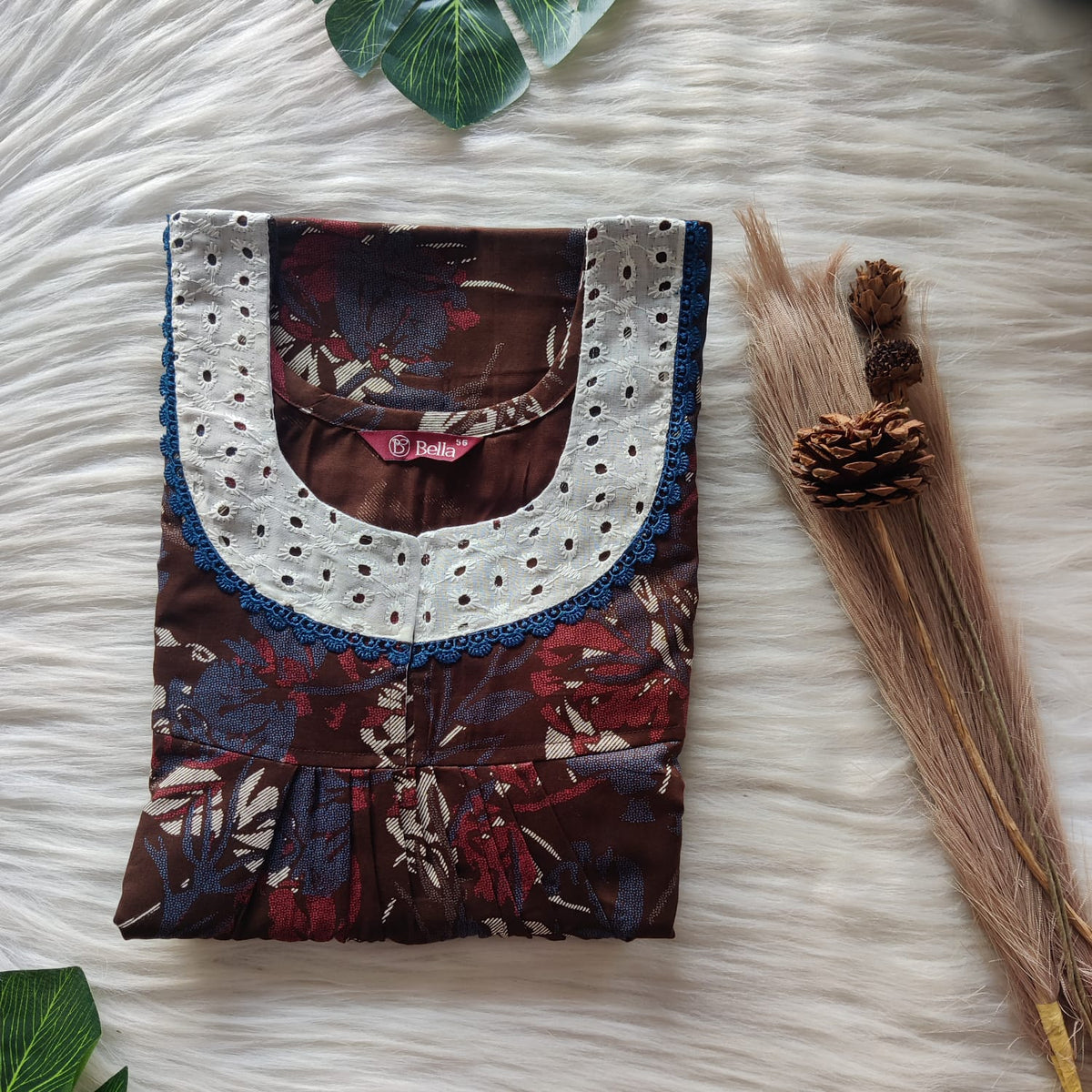 Rust Orange Printed Coffee Brown Discharge Cotton Hakoba Lace Nighty | Free Size | Chest Width 44″| Length 54″-56″