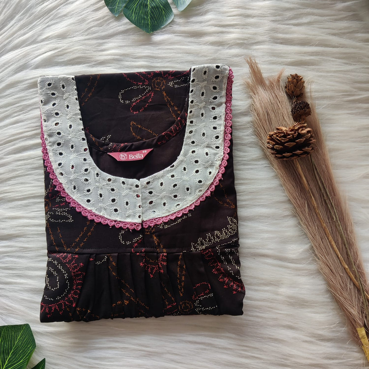 Cream Printed Dark Brown Discharge Cotton Hakoba Lace Nighty | Free Size | Chest Width 44″| Length 54″-56″