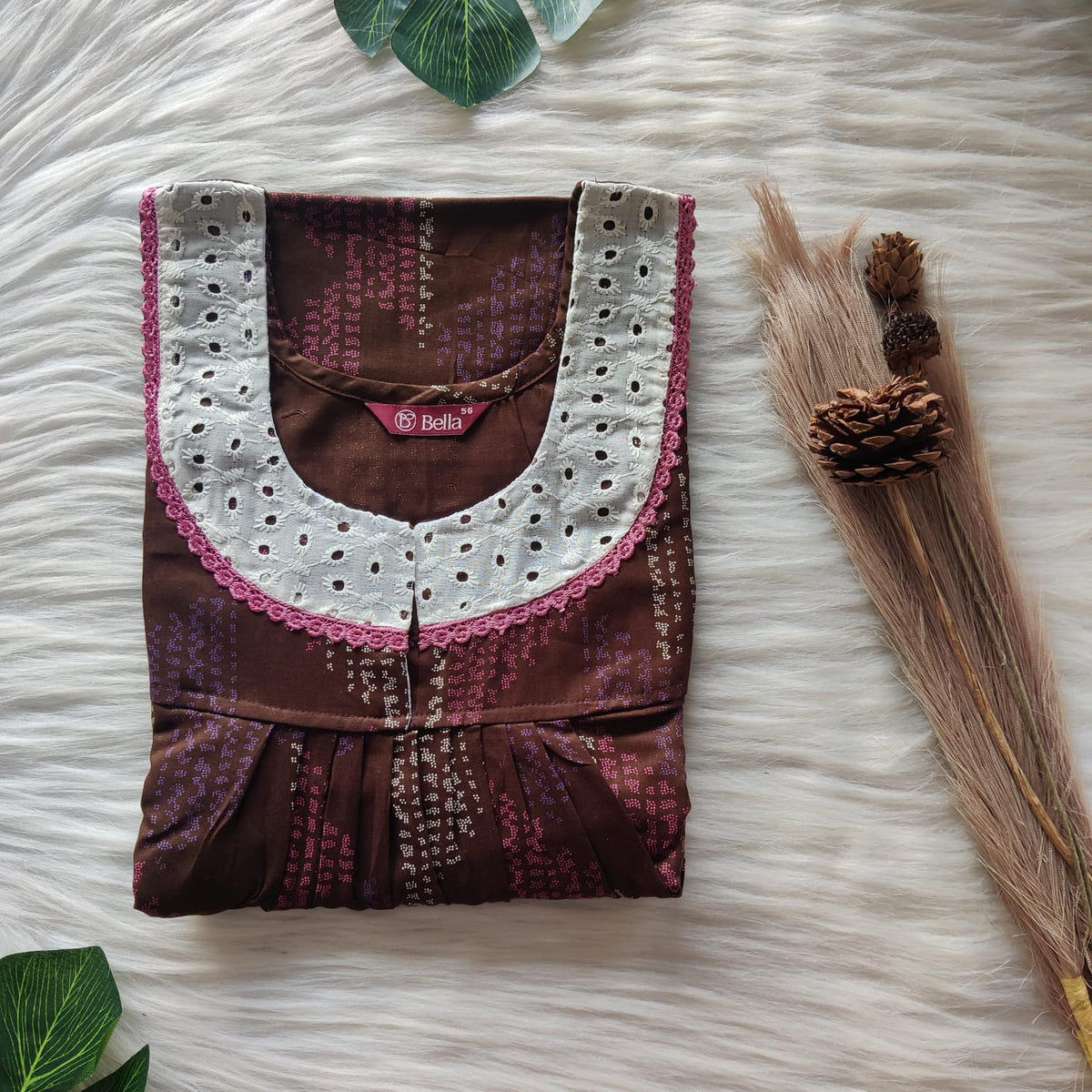 Pink Printed Brown Discharge Cotton Hakoba Lace Nighty | Free Size | Chest Width 44″| Length 54″-56″