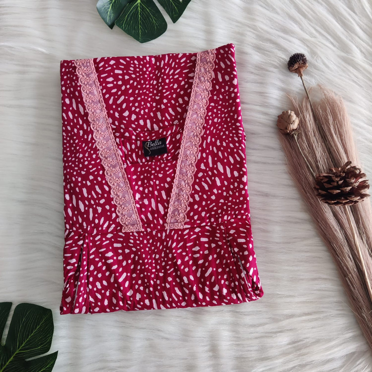 Garge Sale - Maroon Printed Premium Cotton Two Side Vertical Zip Lace Nighty | Free Size | Chest Width 44″ | Length 56″