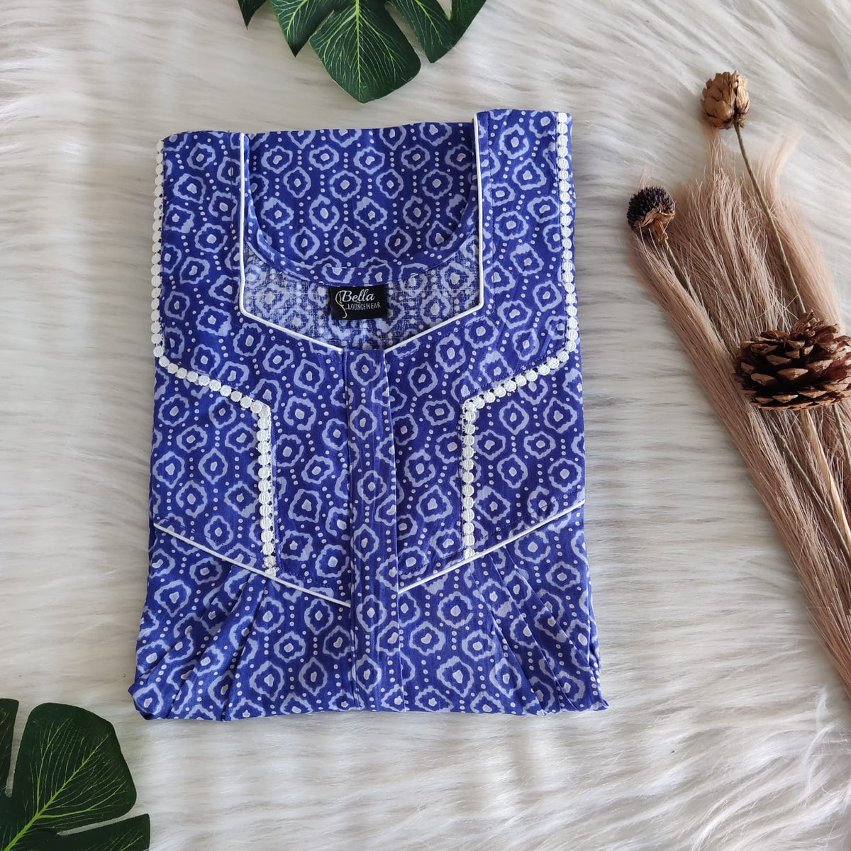 Garage Sale - Blue Printed Premium Cotton Long Zip Lace Feeding Nighty | Free Size | Chest Width 44″| Length 56″