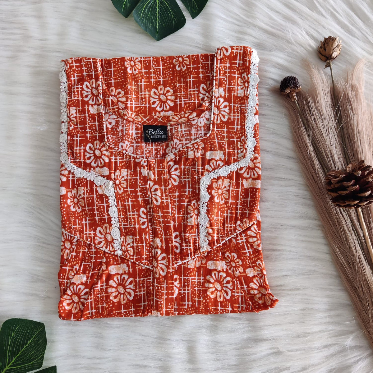 Garage Sale - Brown Printed Premium Cotton Long Zip Lace Feeding Nighty | Free Size | Chest Width 44″| Length 56″