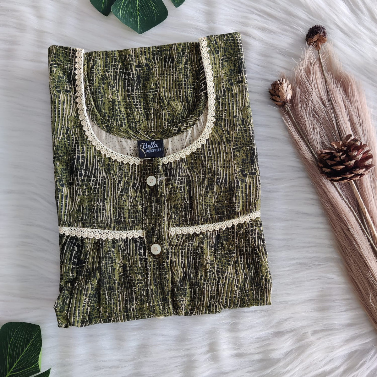 Green Printed Premium Cotton Lace Button Nighty | Free Size | Chest Width 44"| Length 54"-56"