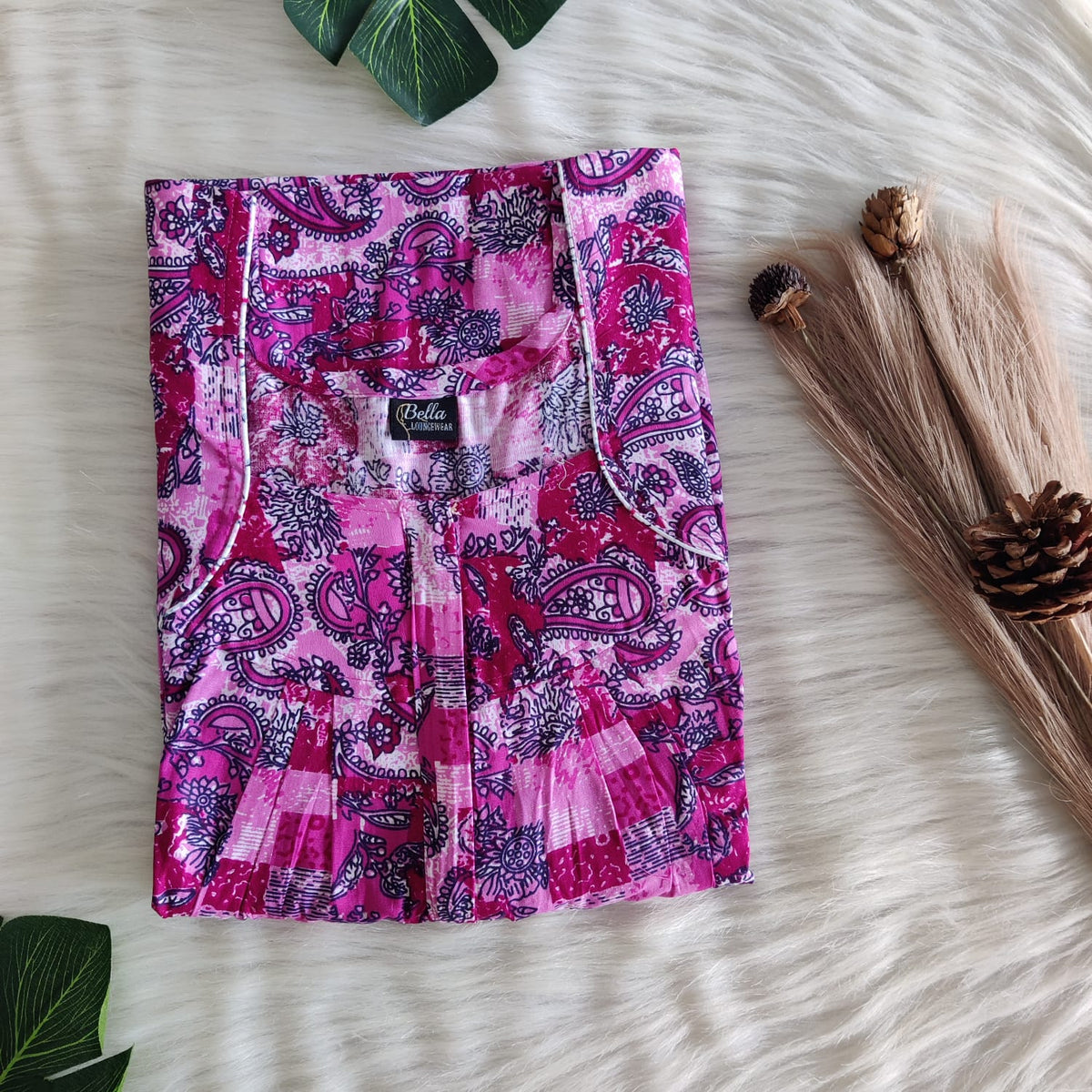 Pink Kalamkari Printed Premium Cotton Pleated Zip Nighty | Free Size | Chest Width 44″| Length 54″-55″