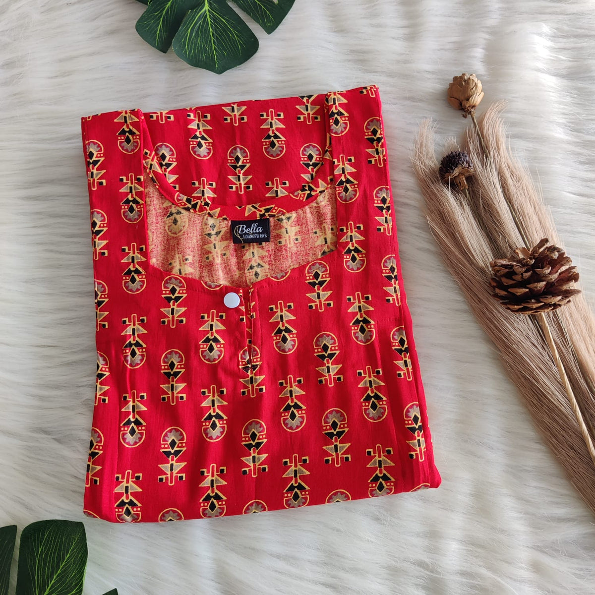Red Printed Premium Cotton Aline Cut Vertical Zip Feeding Nighty | Free Size | Chest Width 44″| Length 54″-56″