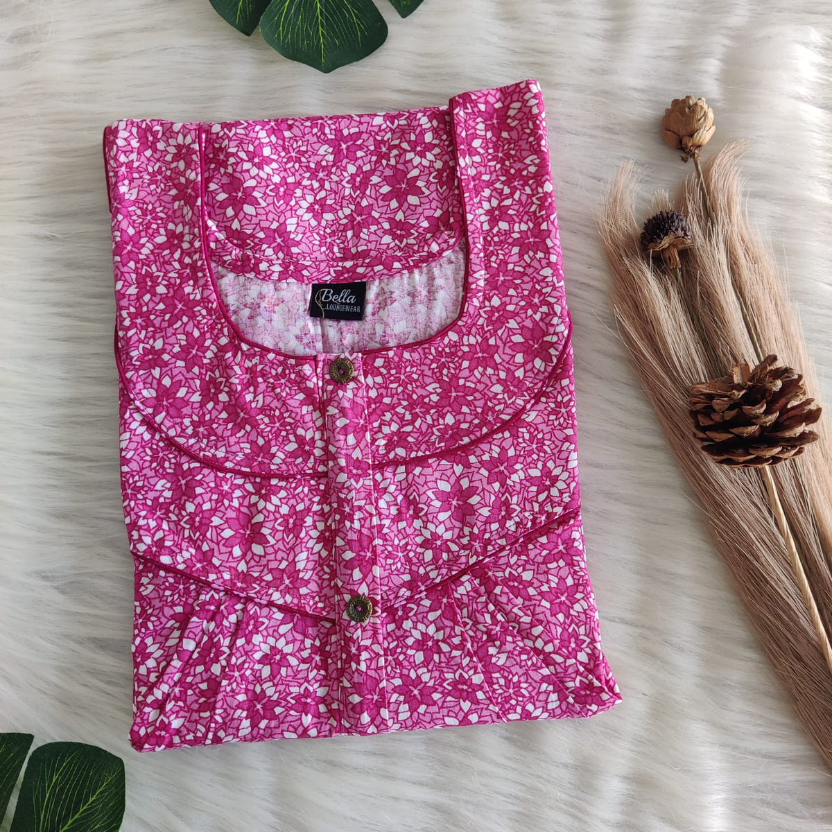 Pink Printed Premium Cotton Long Zip Pleated Nighty | Chest Width 44″ | Length 56″