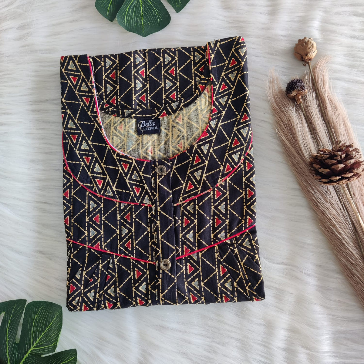 Black Printed Premium Cotton Long Zip Pleated Nighty | Chest Width 44″ | Length 56″