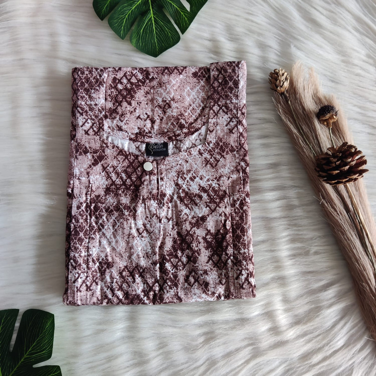 Brown Printed Premium Cotton Aline Cut Vertical Zip Feeding Nighty | Free Size | Chest Width 44″| Length 54″-56″