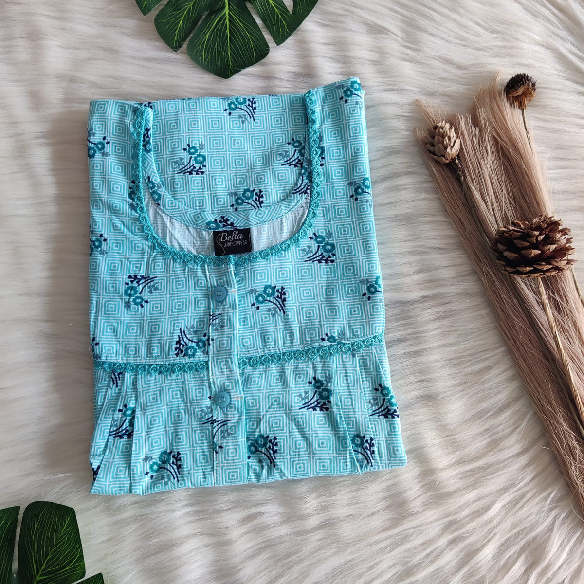 Aqua Blue Printed Premium Cotton Lace Button Nighty | Free Size | Chest Width 44"| Length 54"-56"