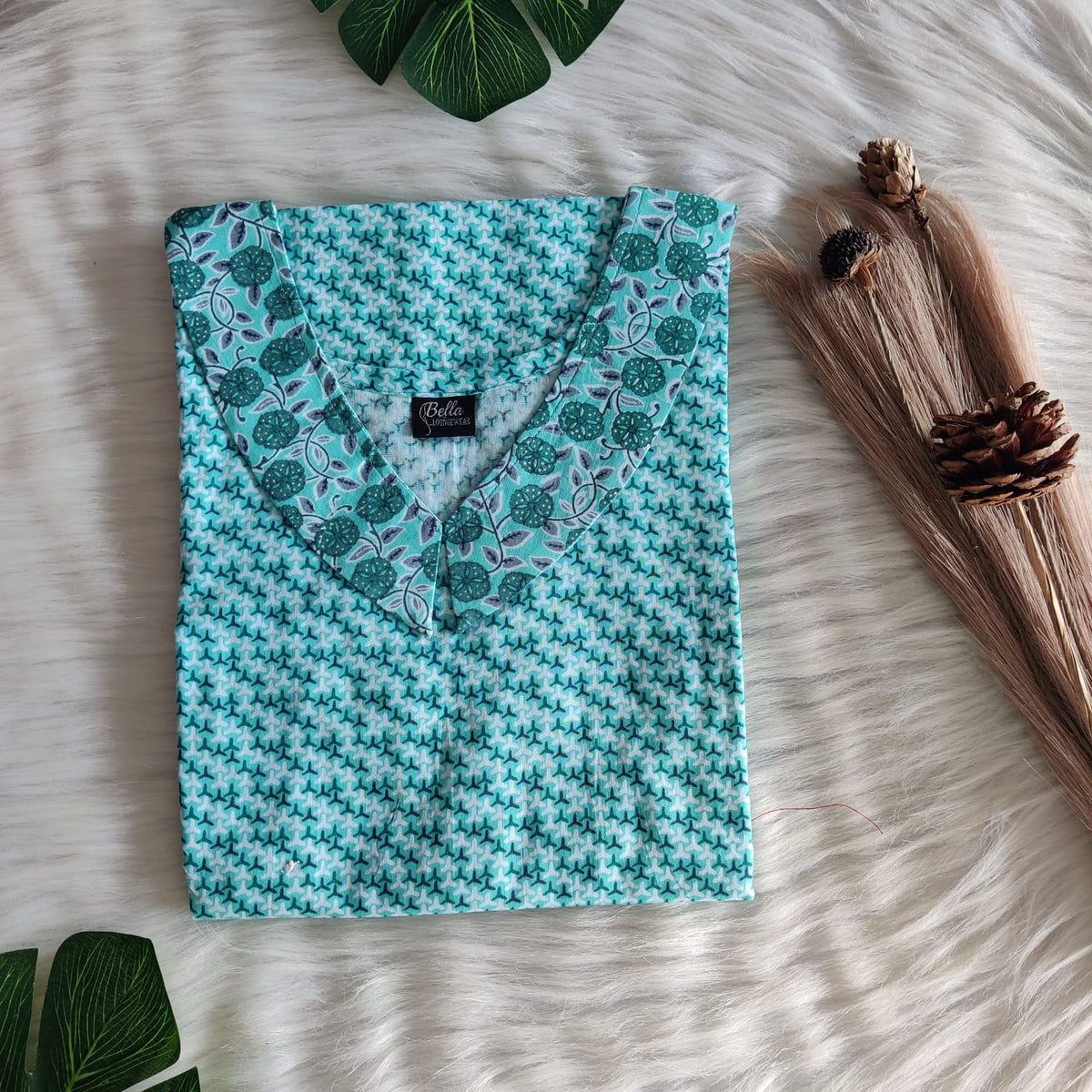 Green And White Printed Premium Cotton Peter Pan Collar Nighty | Free Size | Chest Width 44″| Length 55″-56″
