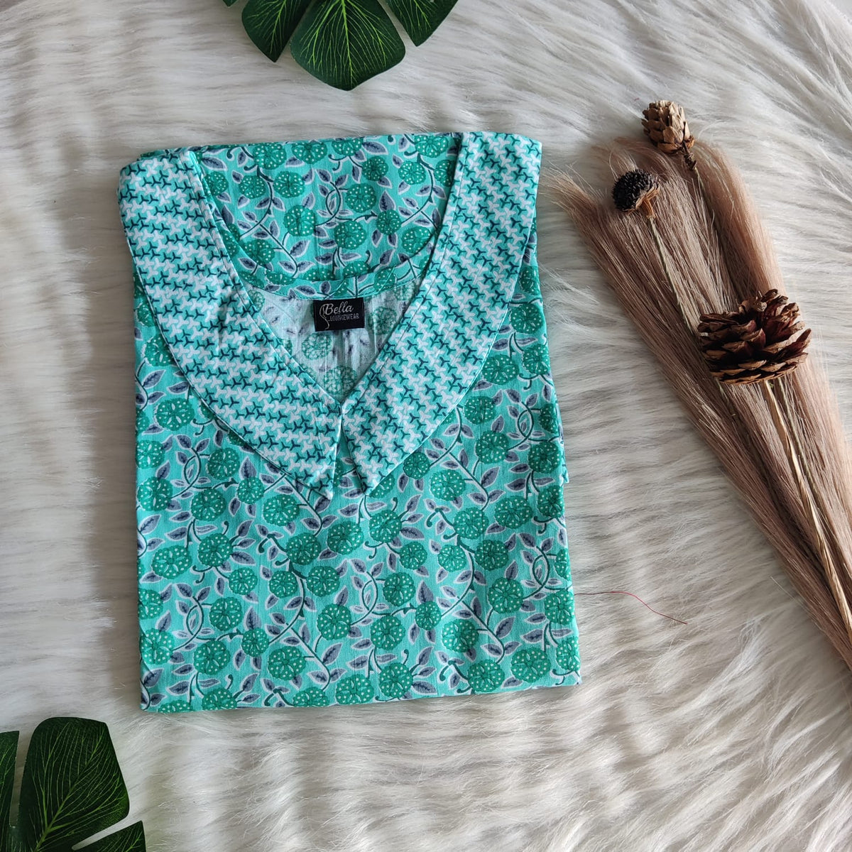 White And Green Floral Printed Premium Cotton Peter Pan Collar Nighty | Free Size | Chest Width 44″| Length 55″-56″