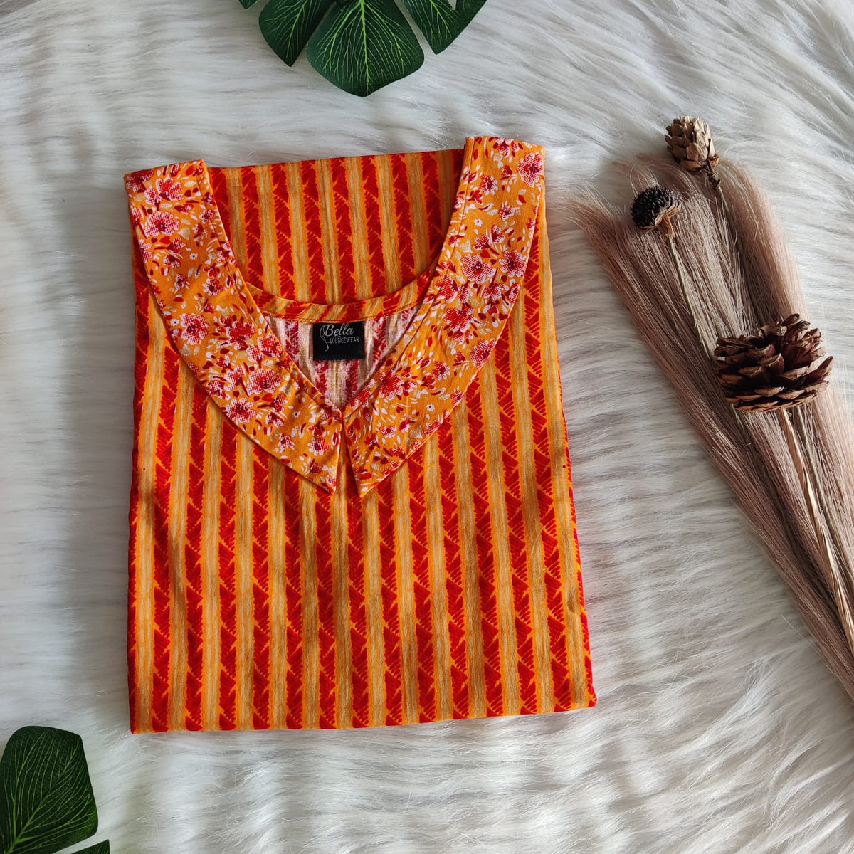 White And Orange Stripes Printed Premium Cotton Peter Pan Collar Nighty | Free Size | Chest Width 44″| Length 55″-56″