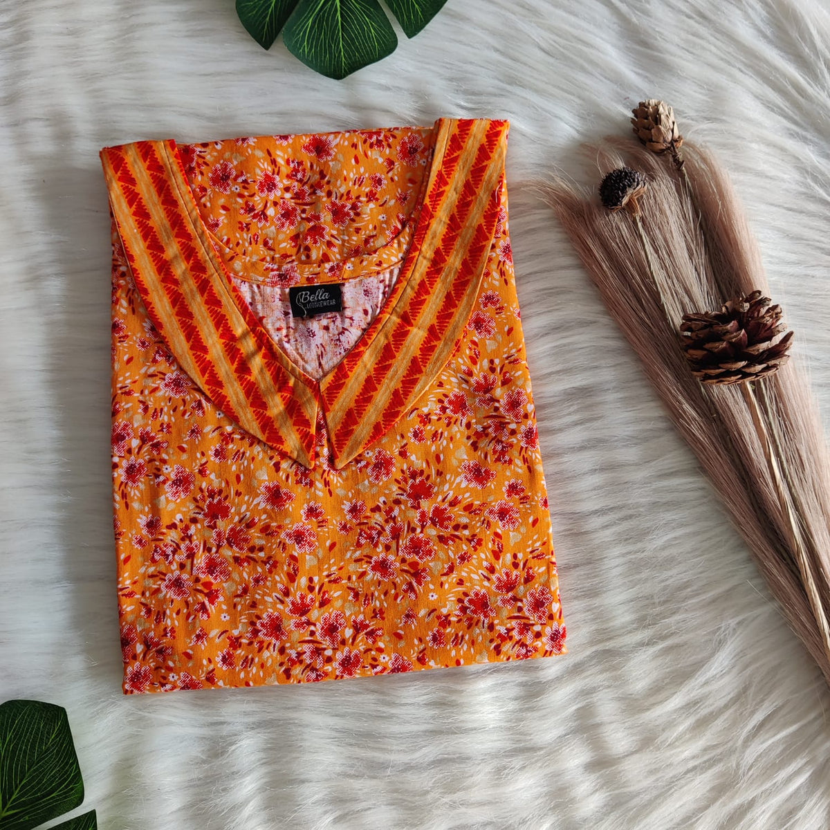Orange And White Printed Premium Cotton Peter Pan Collar Nighty | Free Size | Chest Width 44″| Length 55″-56″