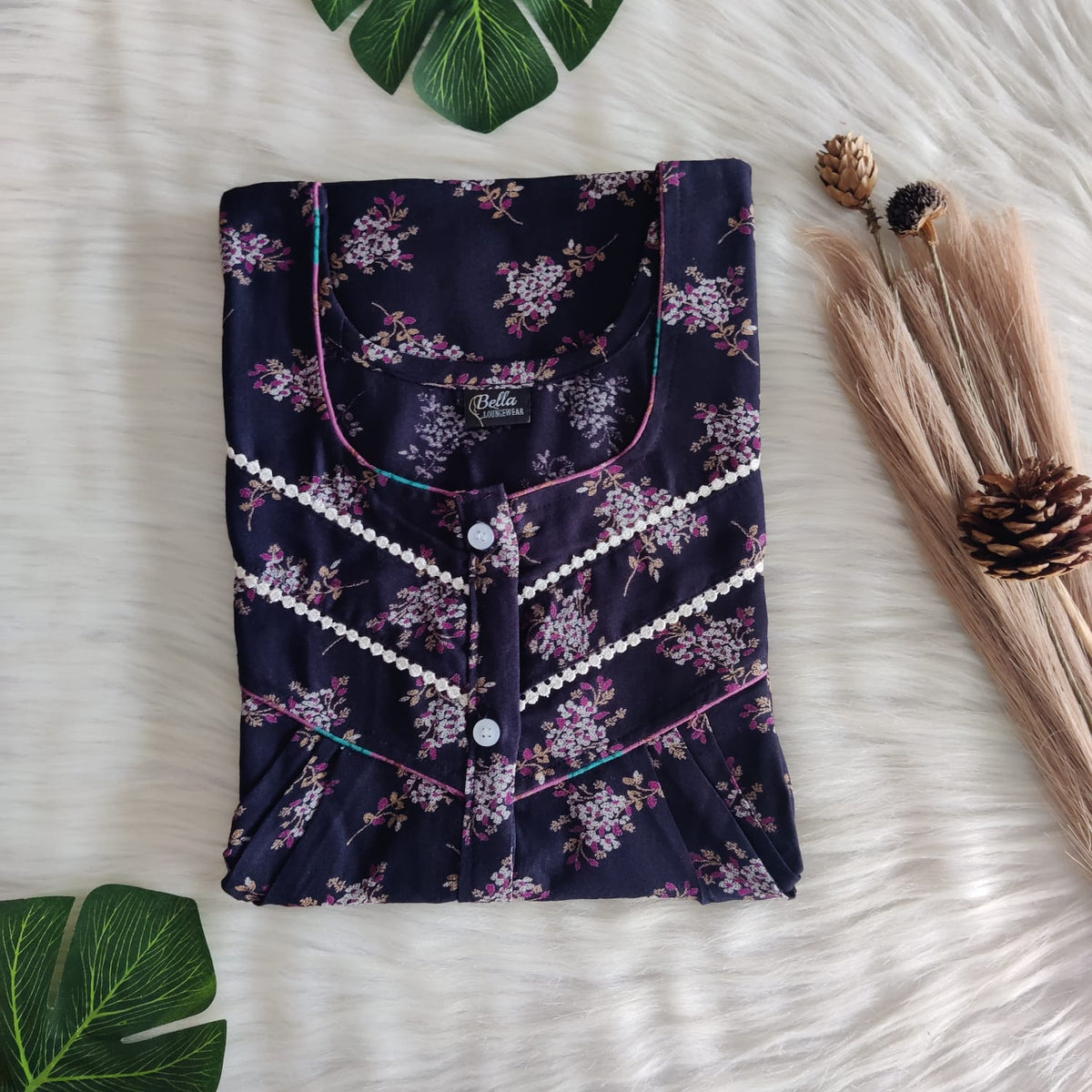 Black Printed Alfine Double Lace Button Nighty | Free Size | Chest Width 44″| Length 54″-56″