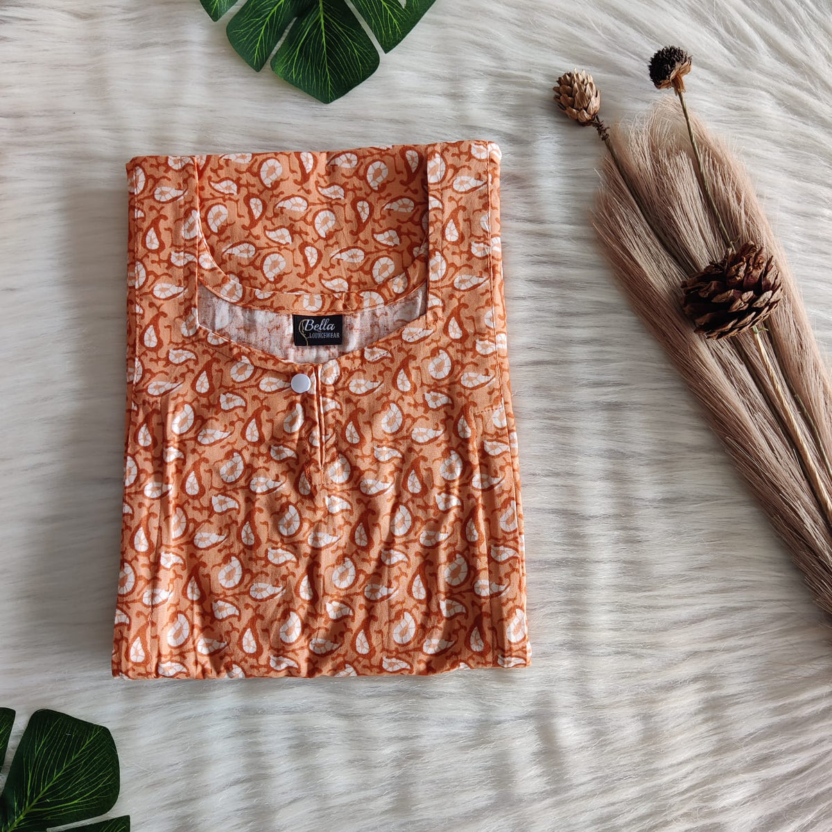 Pale Orange Printed Premium Cotton Aline Cut Vertical Zip Feeding Nighty | Free Size | Chest Width 44″| Length 54″-56″