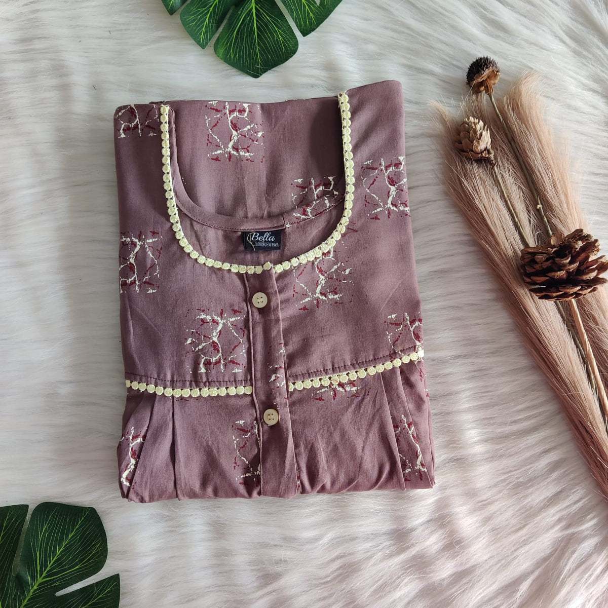 Brown Printed Premium Cotton Lace Button Nighty | Free Size | Chest Width 44"| Length 54"-56"