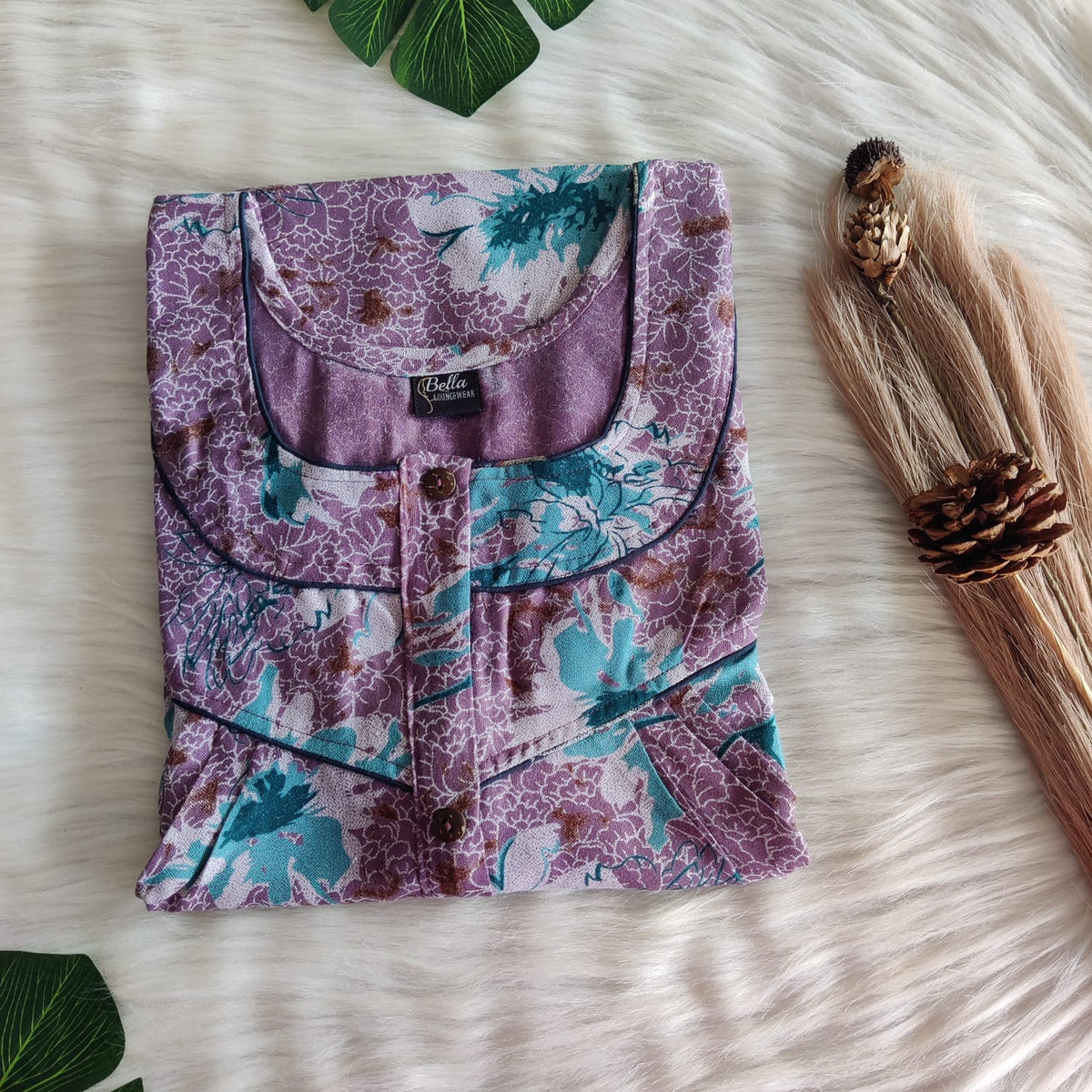 Mauve Printed Alfine Long Zip Feeding Nighty | Free Size | Chest Width 44″| Length 56″