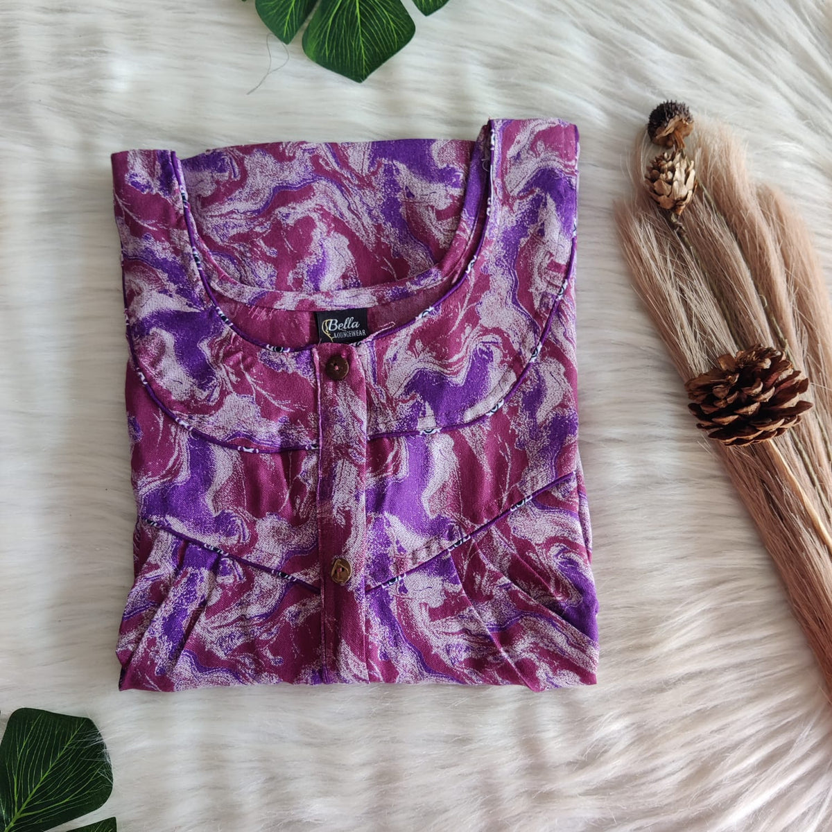 Purple Printed Mauve Alfine Long Zip Feeding Nighty | Free Size | Chest Width 44″| Length 56″