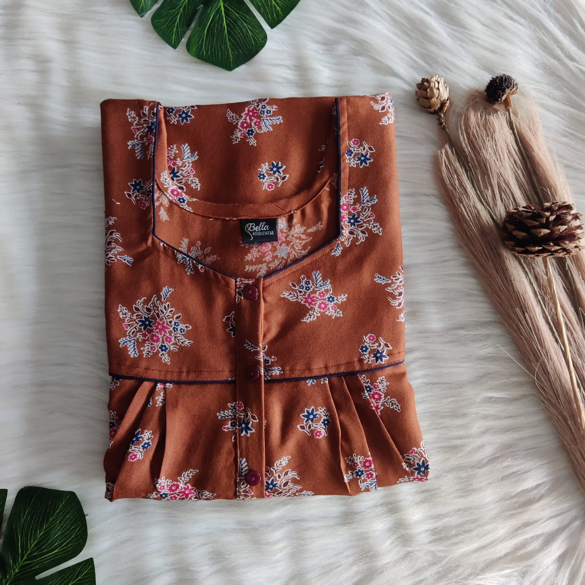 Brown Printed Alfine Button Zip Nighty | Free Size | Chest Width 44″| Length 54″-56″