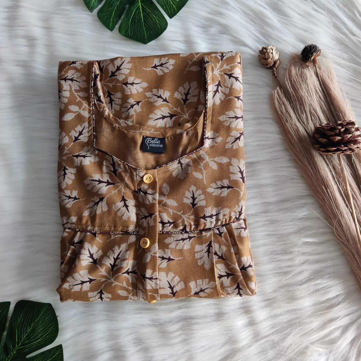 Brown Leaf Printed Alfine Button Zip Nighty | Free Size | Chest Width 44″| Length 54″-56″