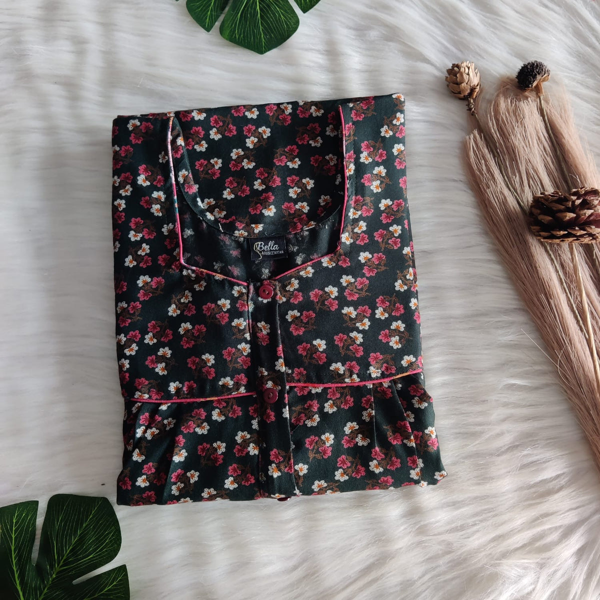 Pink Floral Printed Green Alfine Button Zip Nighty | Free Size | Chest Width 44″| Length 54″-56″
