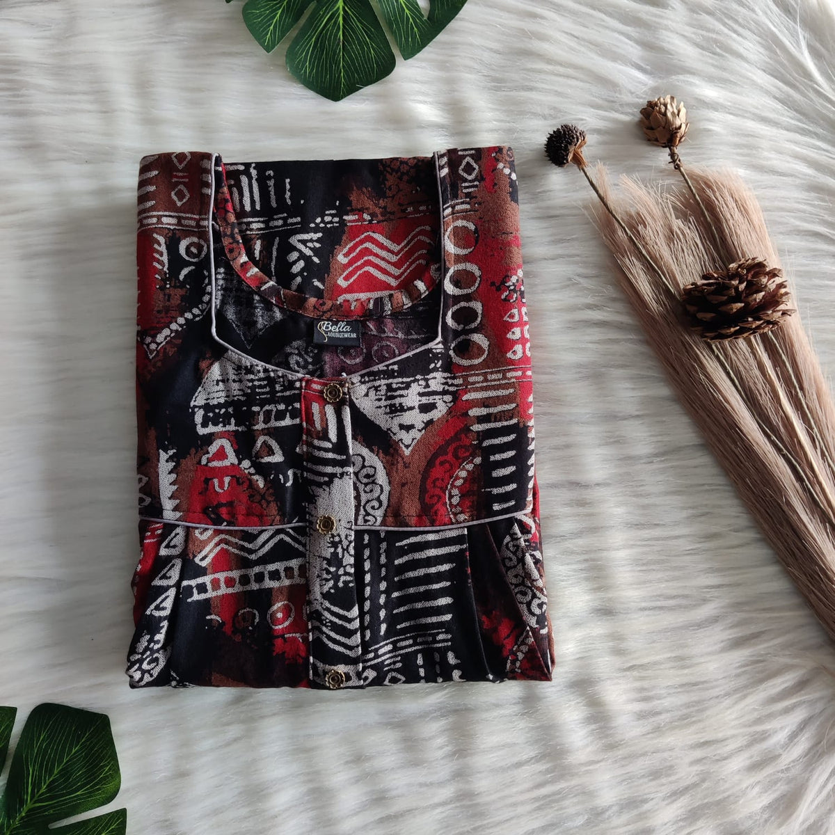 Red And Black Printed Alfine Button Zip Nighty | Free Size | Chest Width 44″| Length 54″-56″