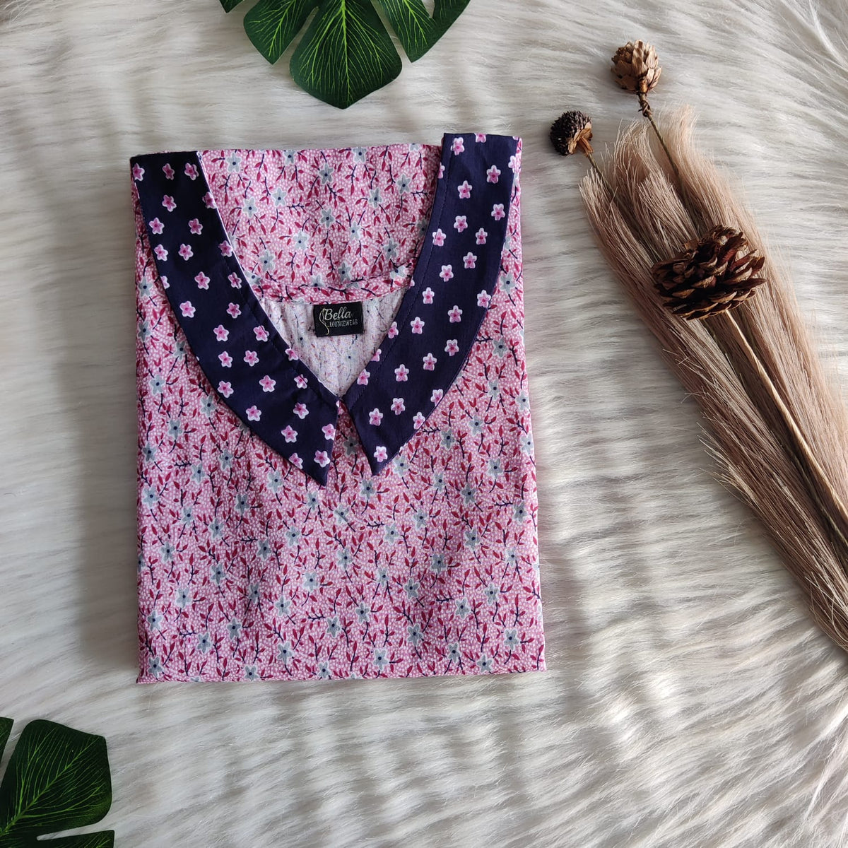 Navy Blue And Grey Floral Printed Premium Cotton Peter Pan Collar Nighty | Free Size | Chest Width 44″| Length 55″-56″