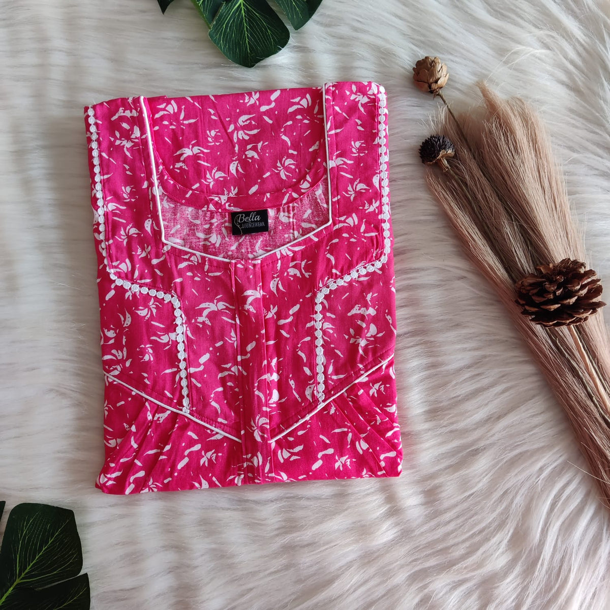 Pink Printed Premium Cotton Long Zip Lace Feeding Nighty | Free Size | Chest Width 44″| Length 56″