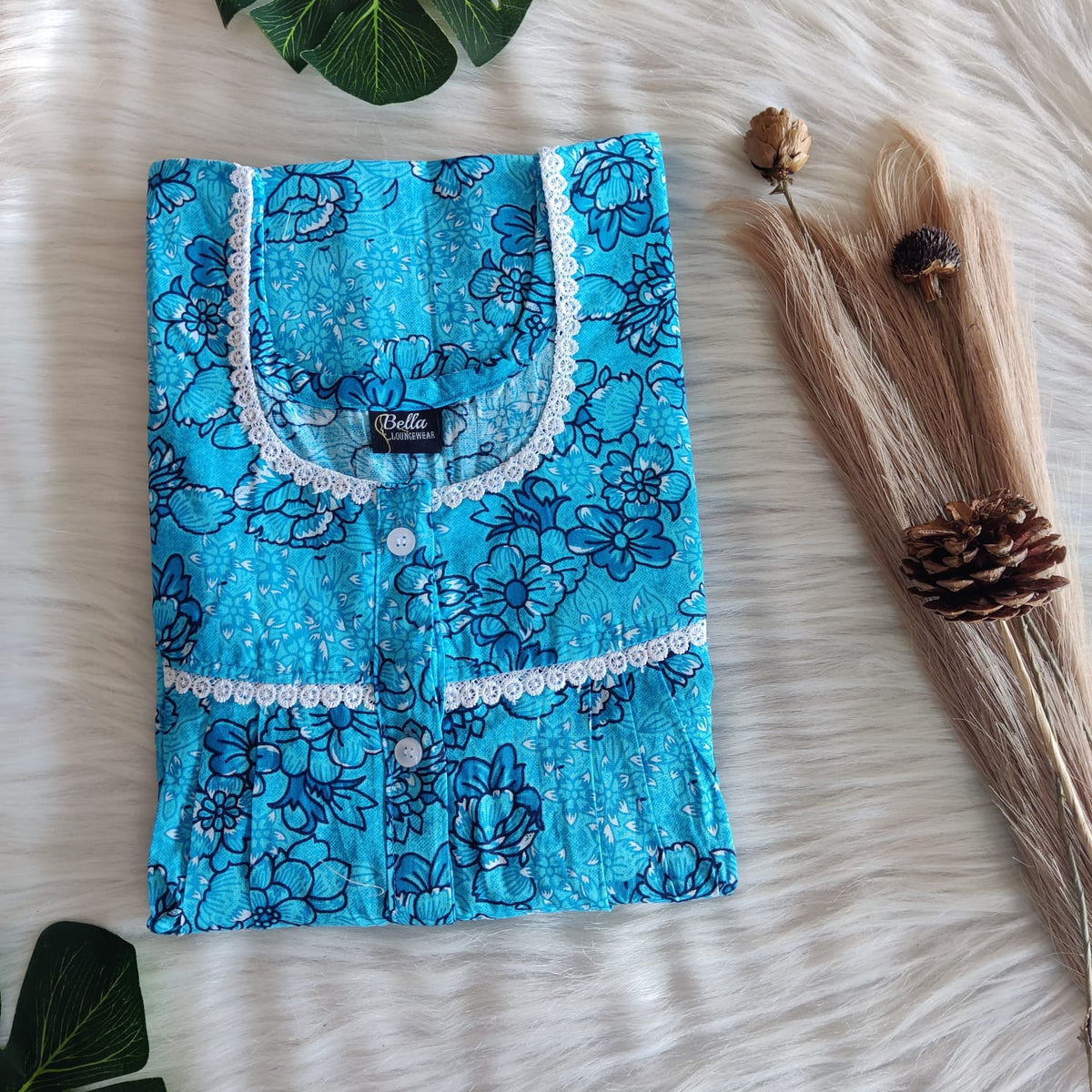 Blue Floral Printed Premium Cotton Lace Button Nighty | Free Size | Chest Width 44"| Length 54"-56"
