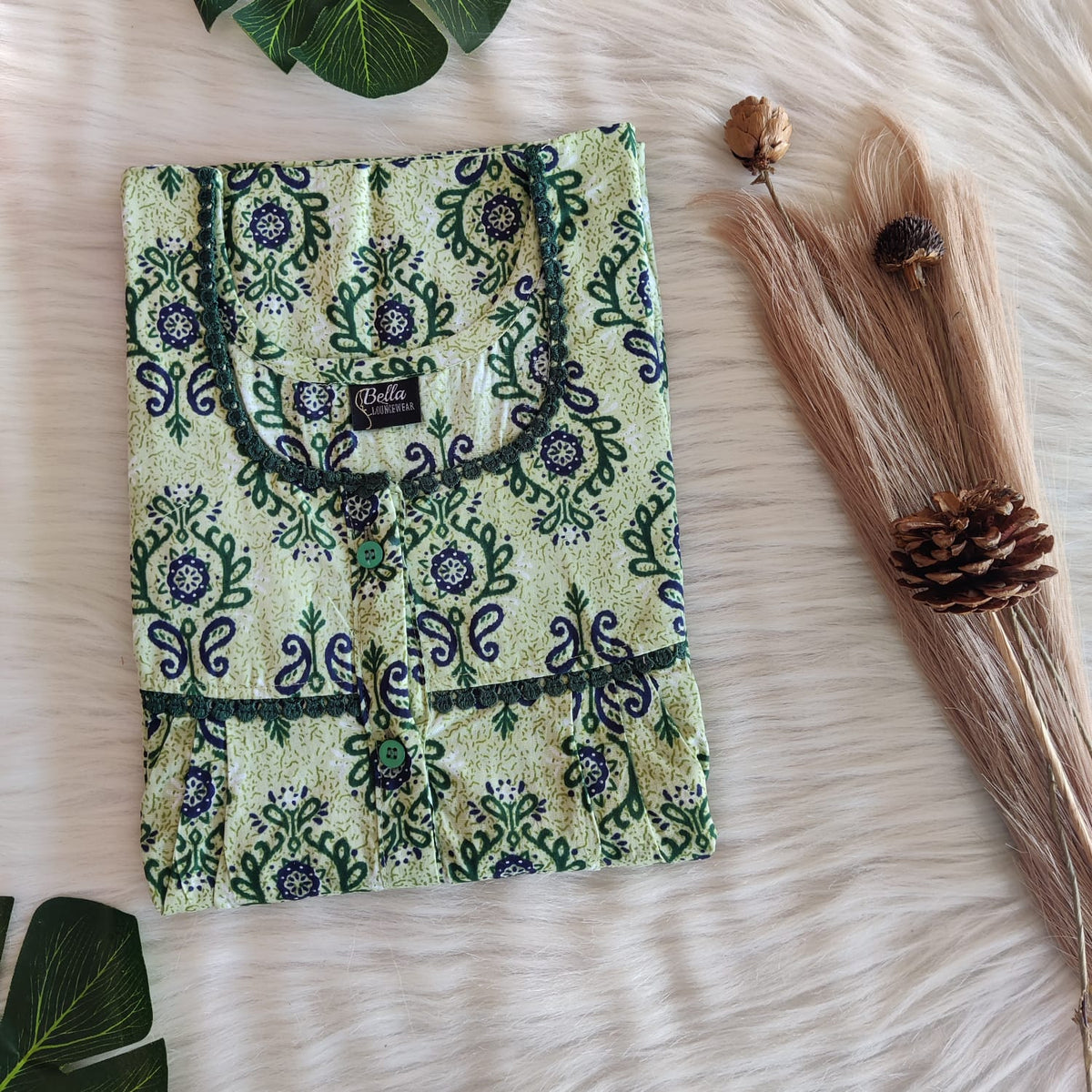 Pale Green Printed Premium Cotton Lace Button Nighty | Free Size | Chest Width 44"| Length 54"-56"