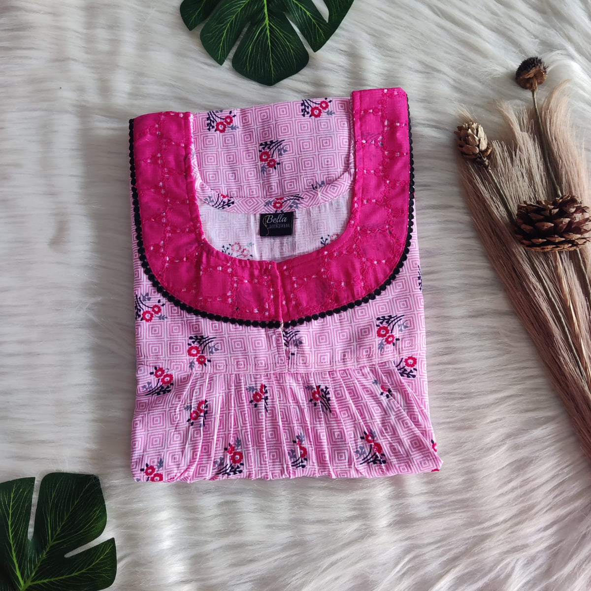 Pink Printed Premium Cotton Hakoba Lace Nighty | Free Size | Chest Width 44″| Length 54″-56″