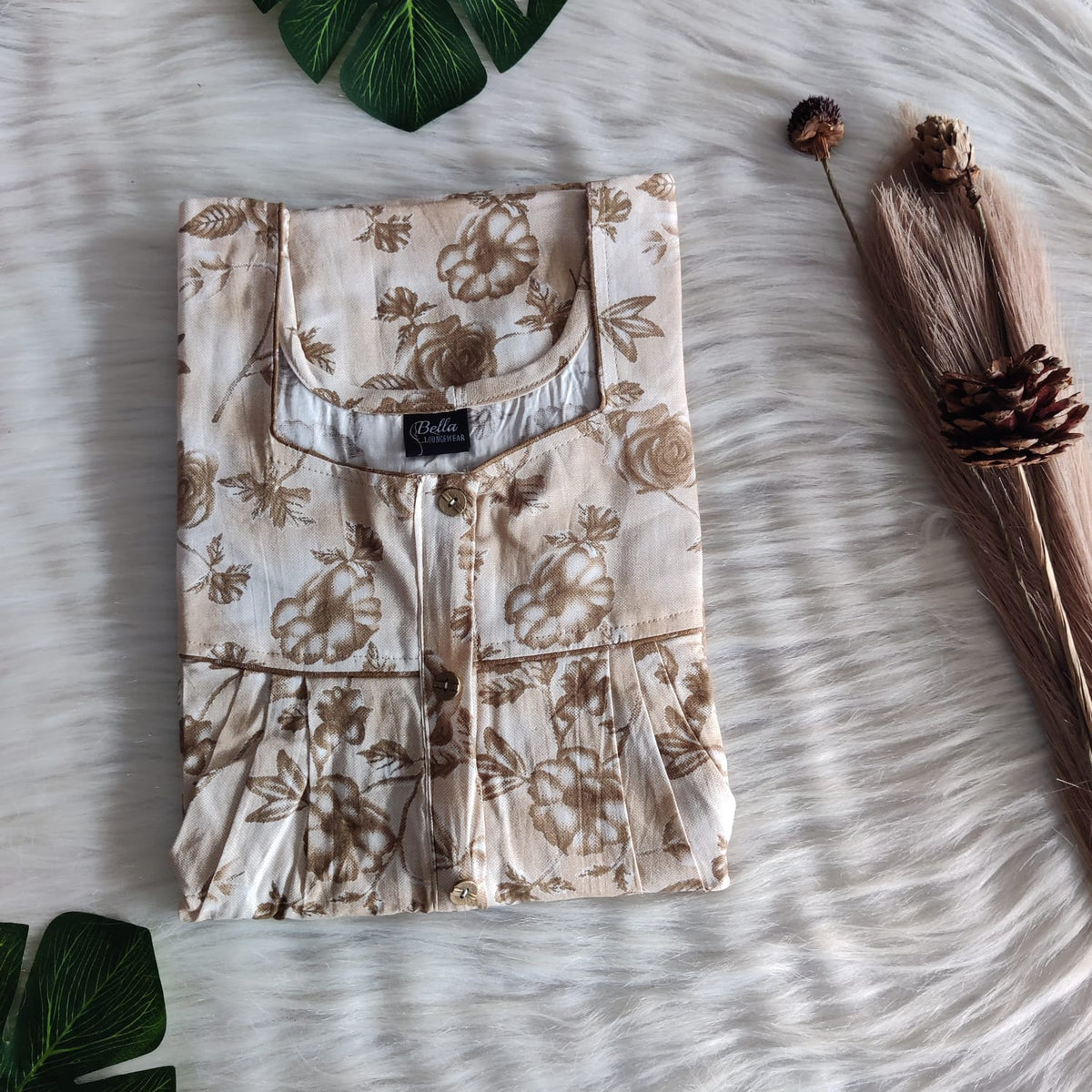Pale Brown Printed Premium Cotton Button Zip Nighty | Free Size | Chest Width 44″| Length 55″-56″